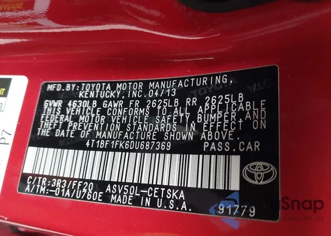 2013 Toyota Camry Se z USA, uszkodzony, nr VIN 4T1BF1FK6DU687369